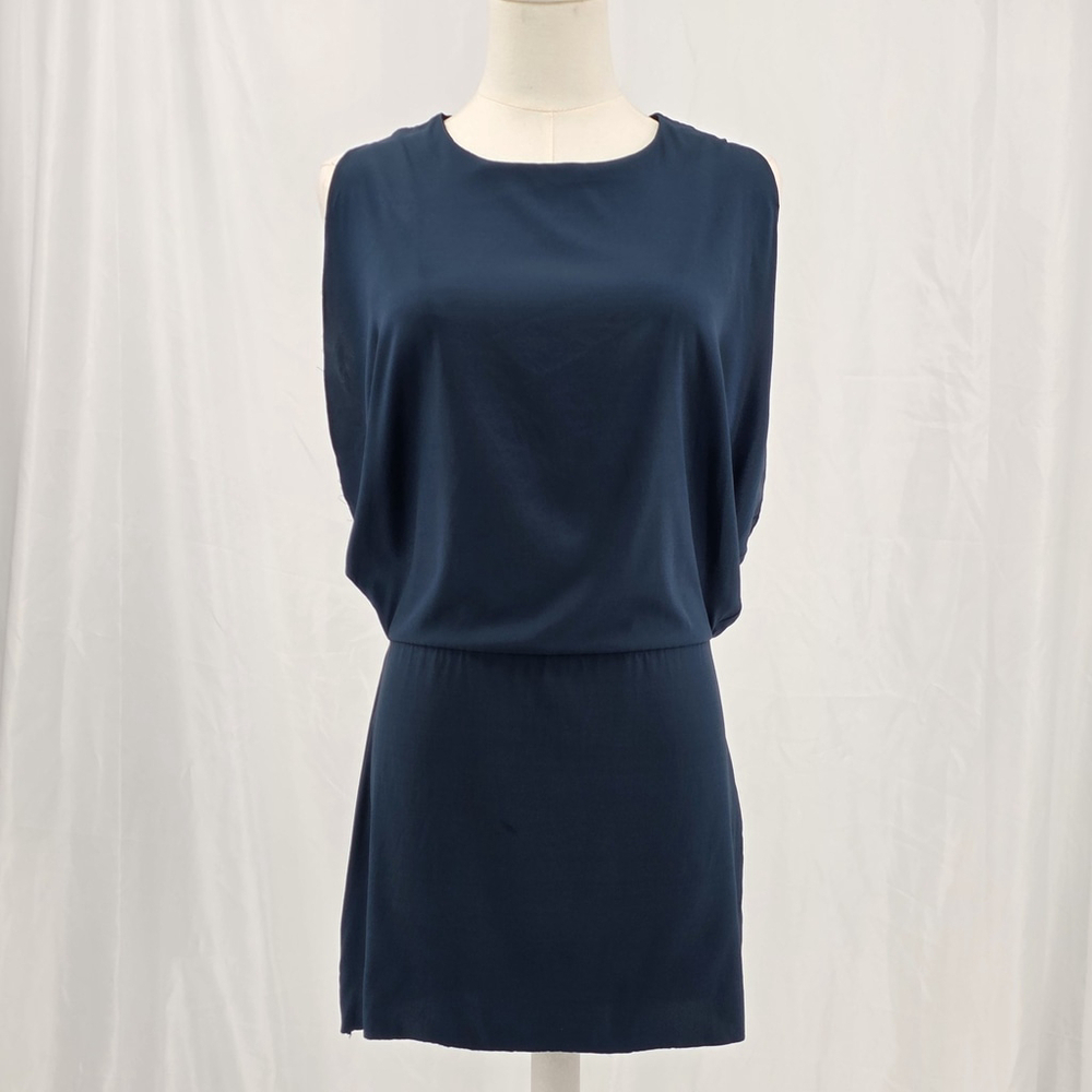 Quiet Luxury Nomia Silk Draped Mini Dress Women’s M Navy Blue Open Back Cocktail